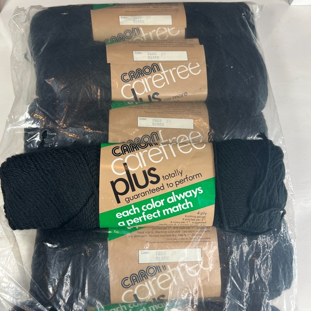 Vintage Caron‎ Carefree Plus Yarn Lot 6 Skeins Black 4 Ply 3 Oz Orlon Dacron